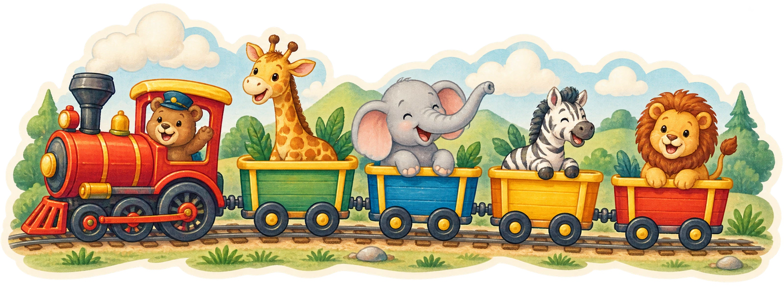 Red train pulling four carriages, with a giraffe, zebra, elephant and lion in them