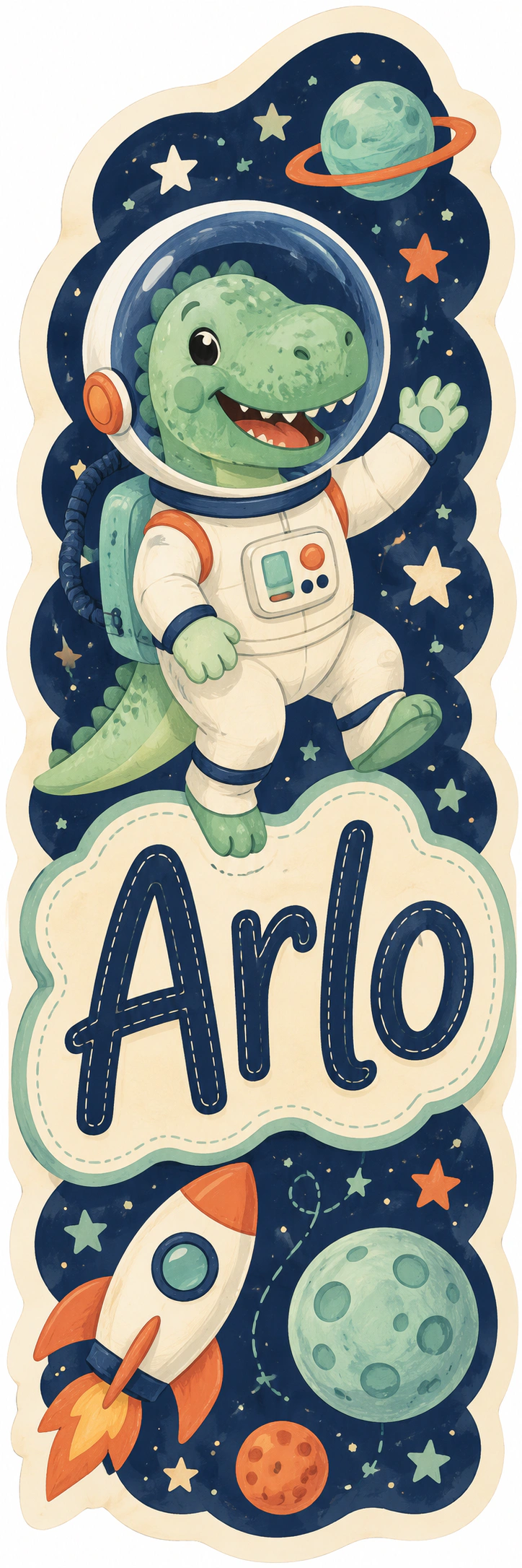 Personalised Arlo name wall sticker with a dinosaur astronaut