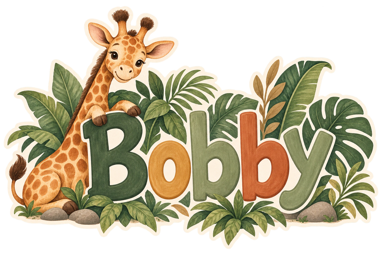 First personalised Bobby safari wall sticker design with a giraffe and jungle leaves
