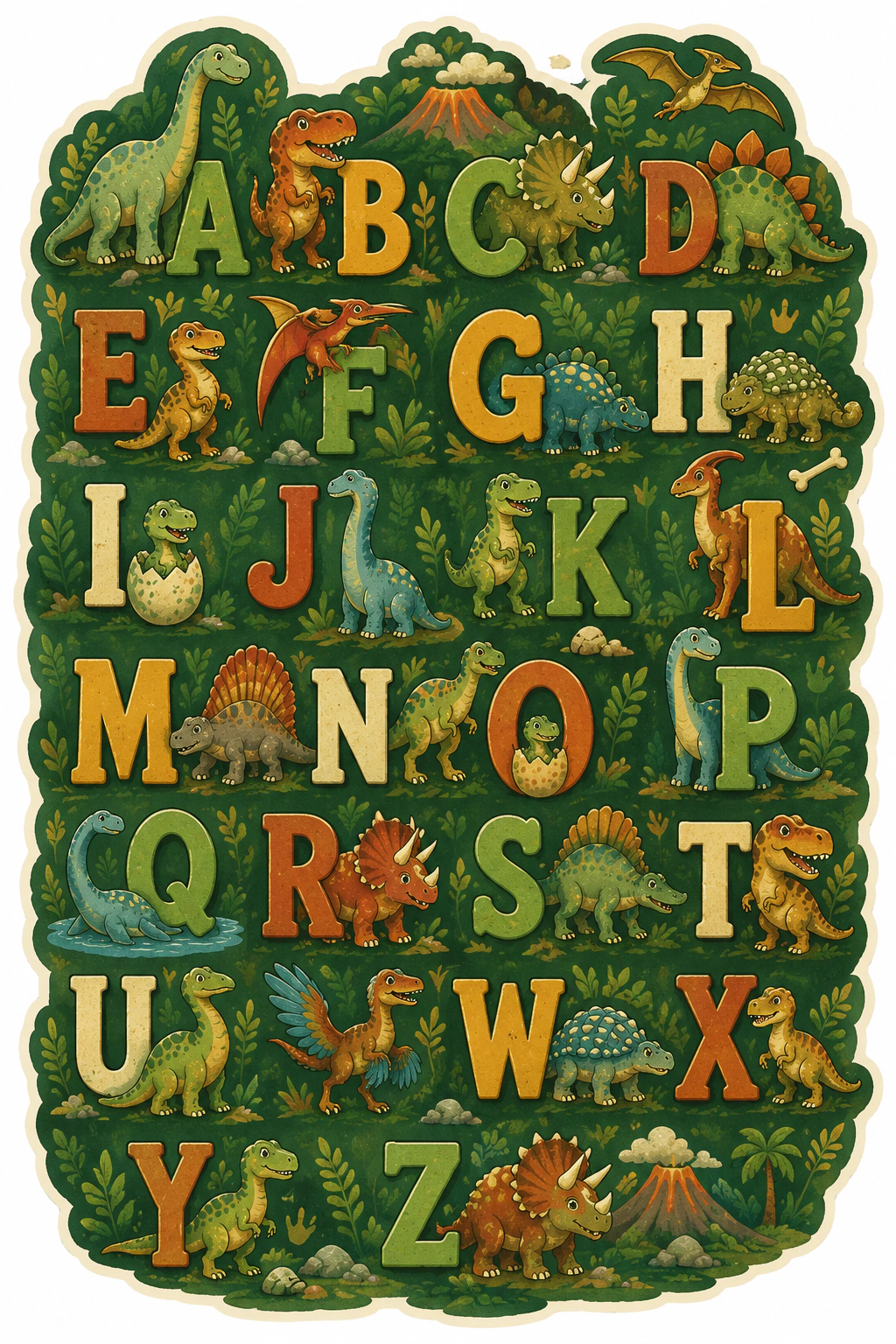 Full alphabet surrounded by dinosaurs and jungle theme