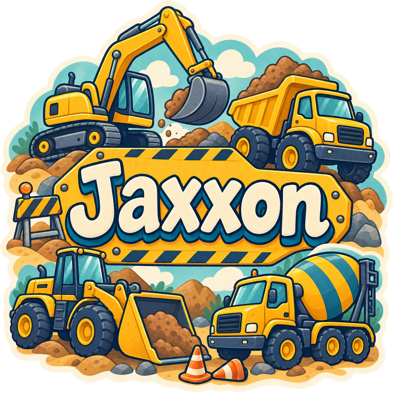 Yellow diggers and trucks surrounding name Jaxxon wall sticker