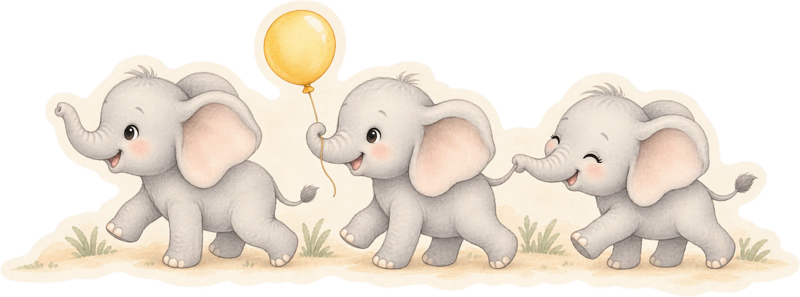 Three elephants in a row holding a yellow balloon